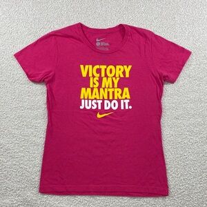 Nike Women's Bold Pink Tee with Motivational Print large slim fit